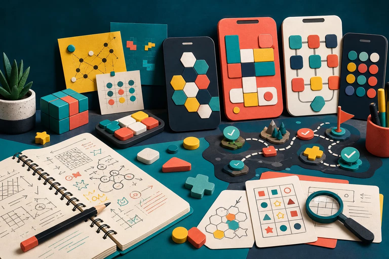 Original illustrated mobile puzzle desk with colorful answer tiles